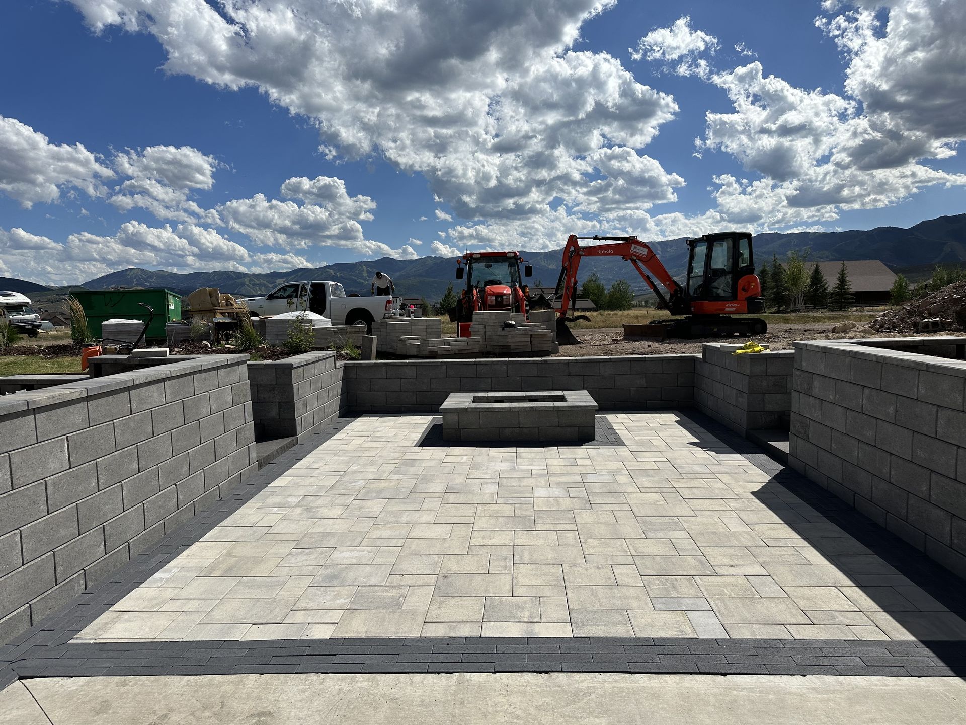 Paver patio, retaining walls, and fire pit